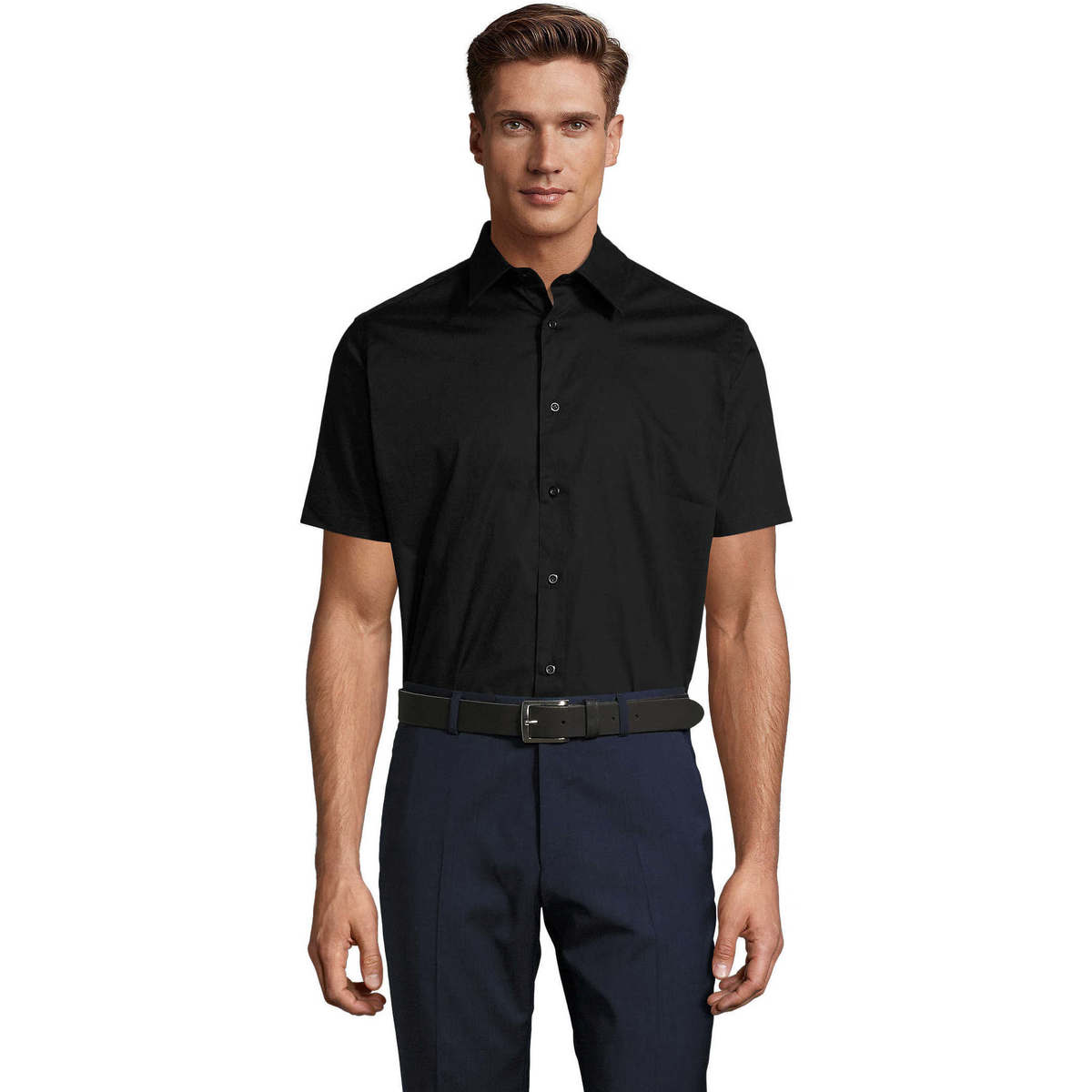 Oblačila Moški Srajce s kratkimi rokavi Sols BROADWAY MODERN-CAMISA STRECH HOMBRE MANGA CORTA Črna