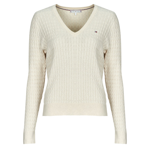 Oblačila Ženske Puloverji Tommy Hilfiger CO CABLE FINE GG V-NK LS SWT Kremno bela