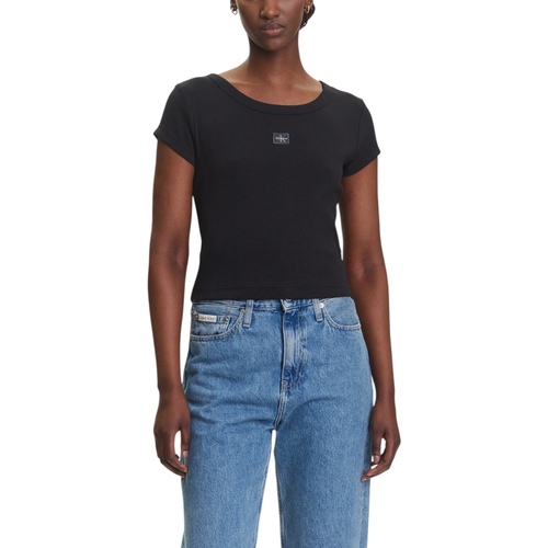 Oblačila Ženske Majice s kratkimi rokavi Calvin Klein Jeans A- WOVEN LABEL 2X2 R LV047C200G Črna